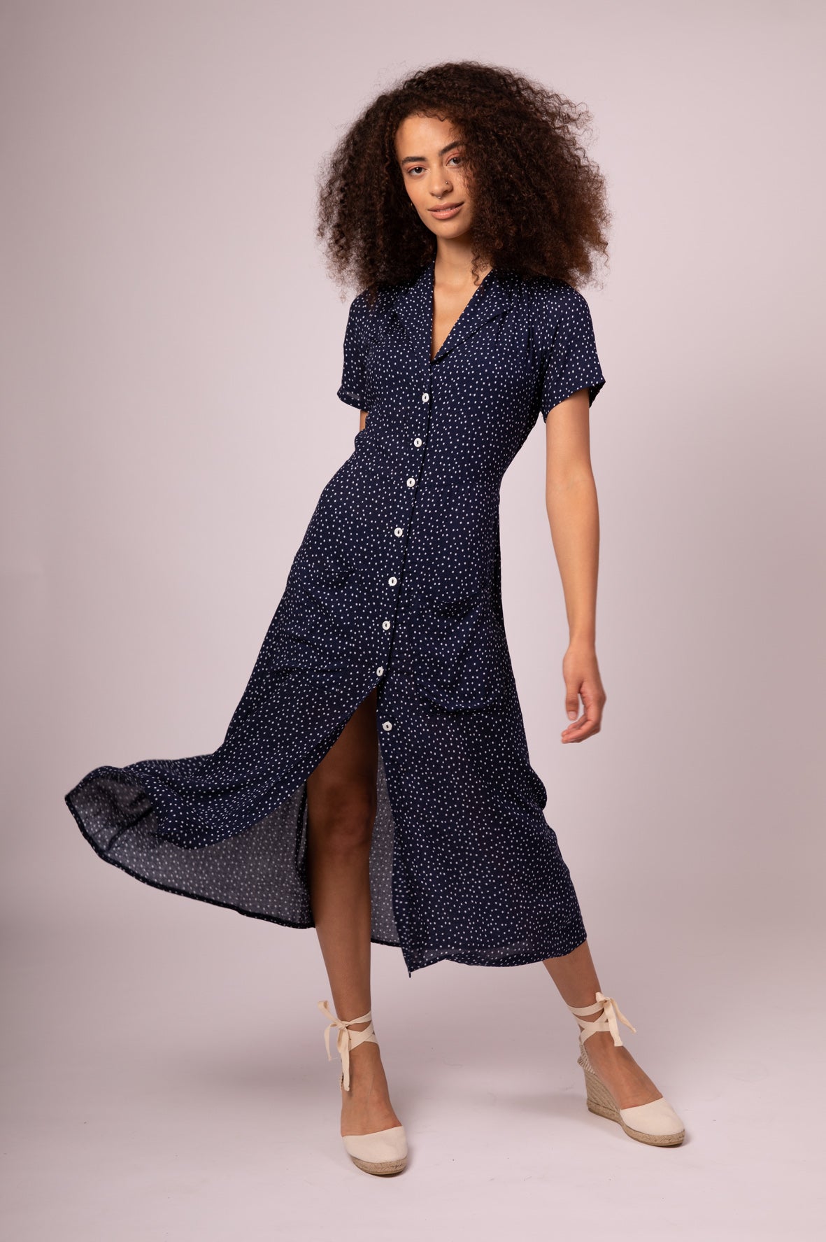 Navy polka dot shirt dress