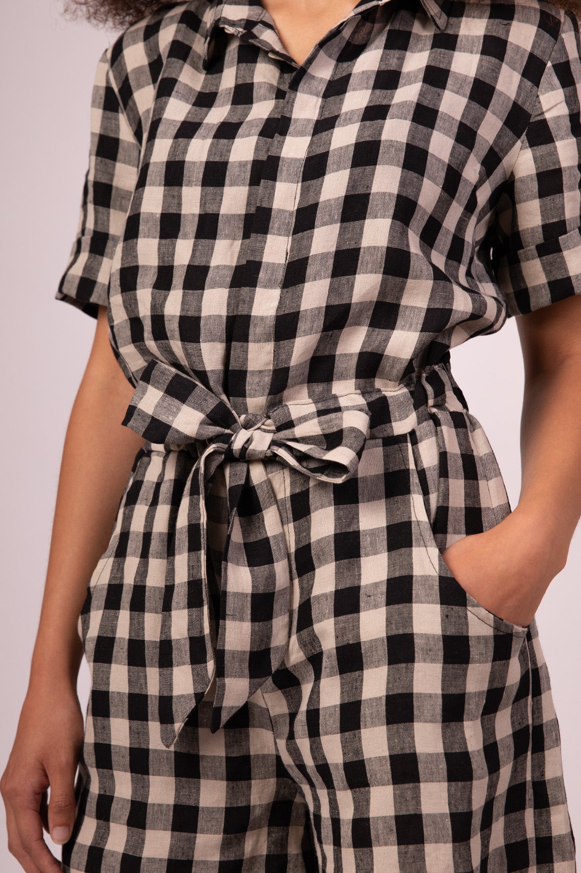 Black Check linen playsuit