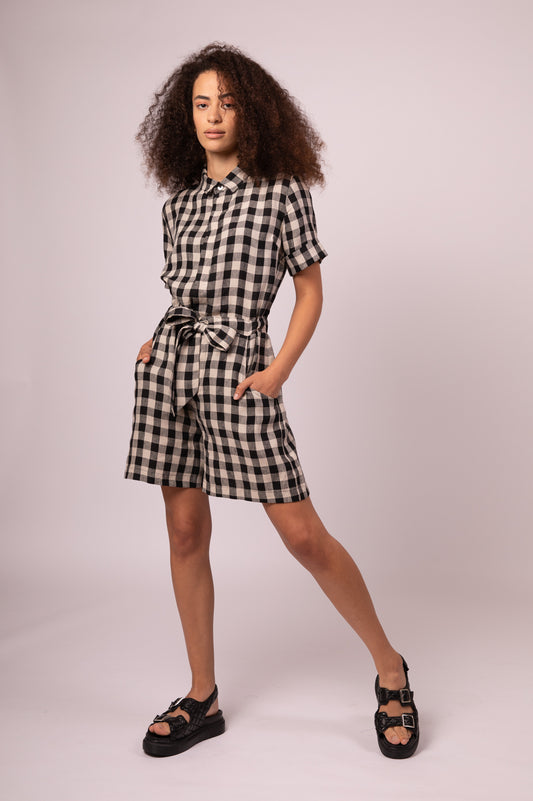 Black Check linen playsuit