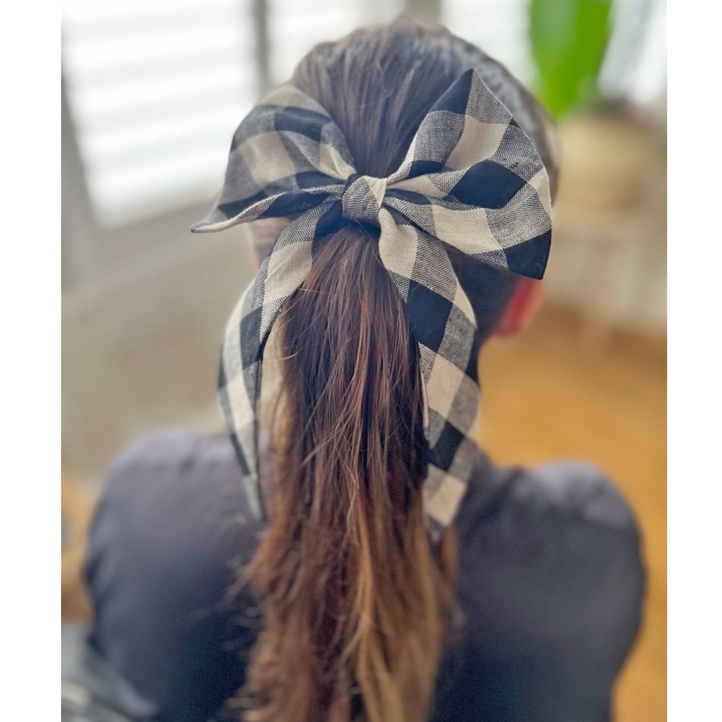 Black checked linen hair bow