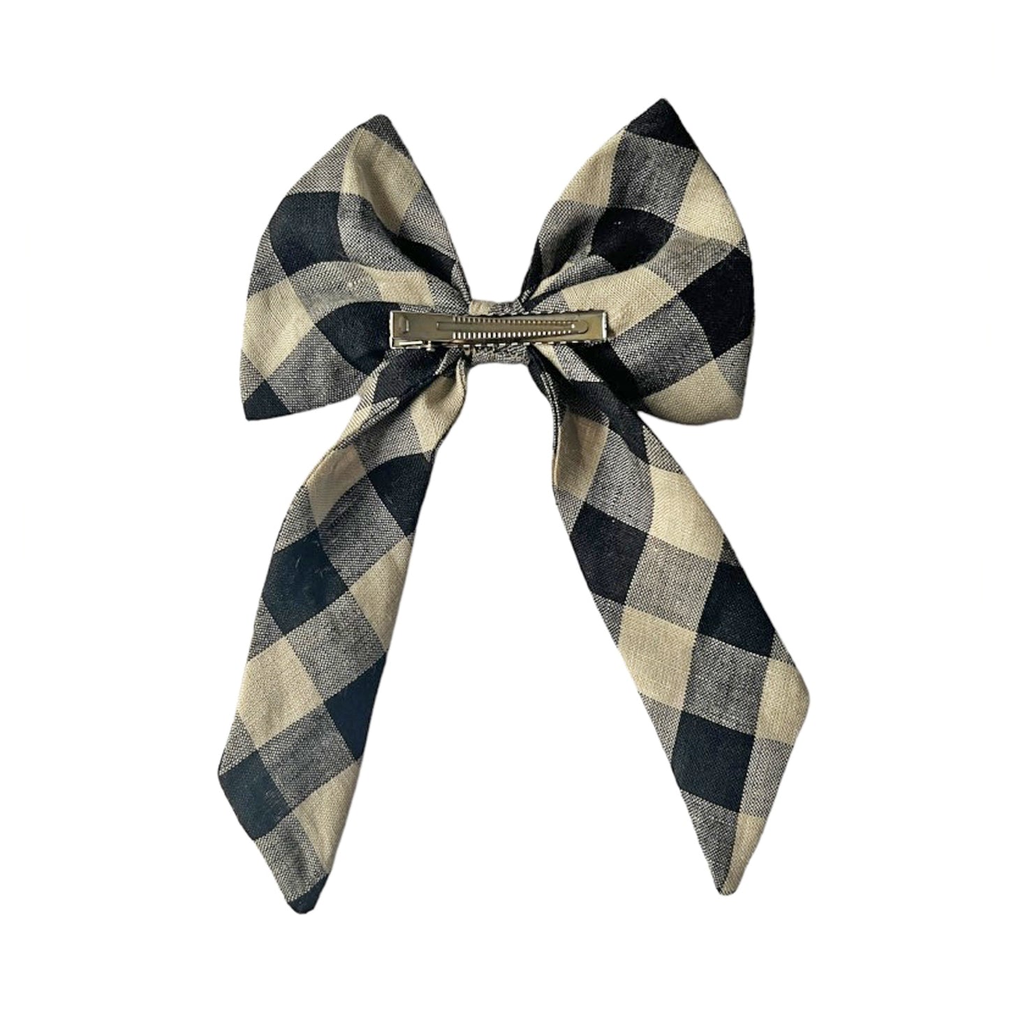 Black checked linen hair bow