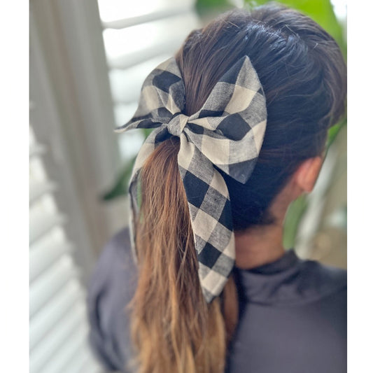 Black checked linen hair bow