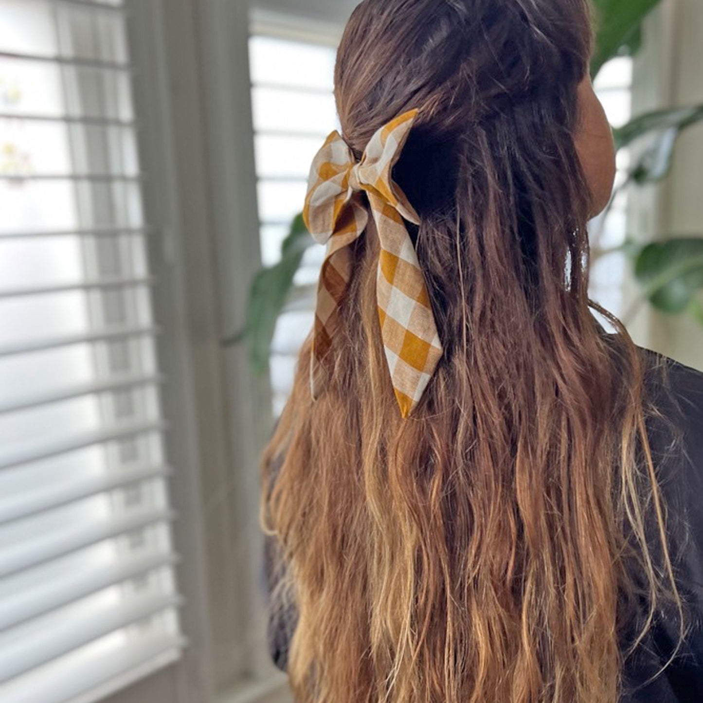 Yellow checked linen hair bow