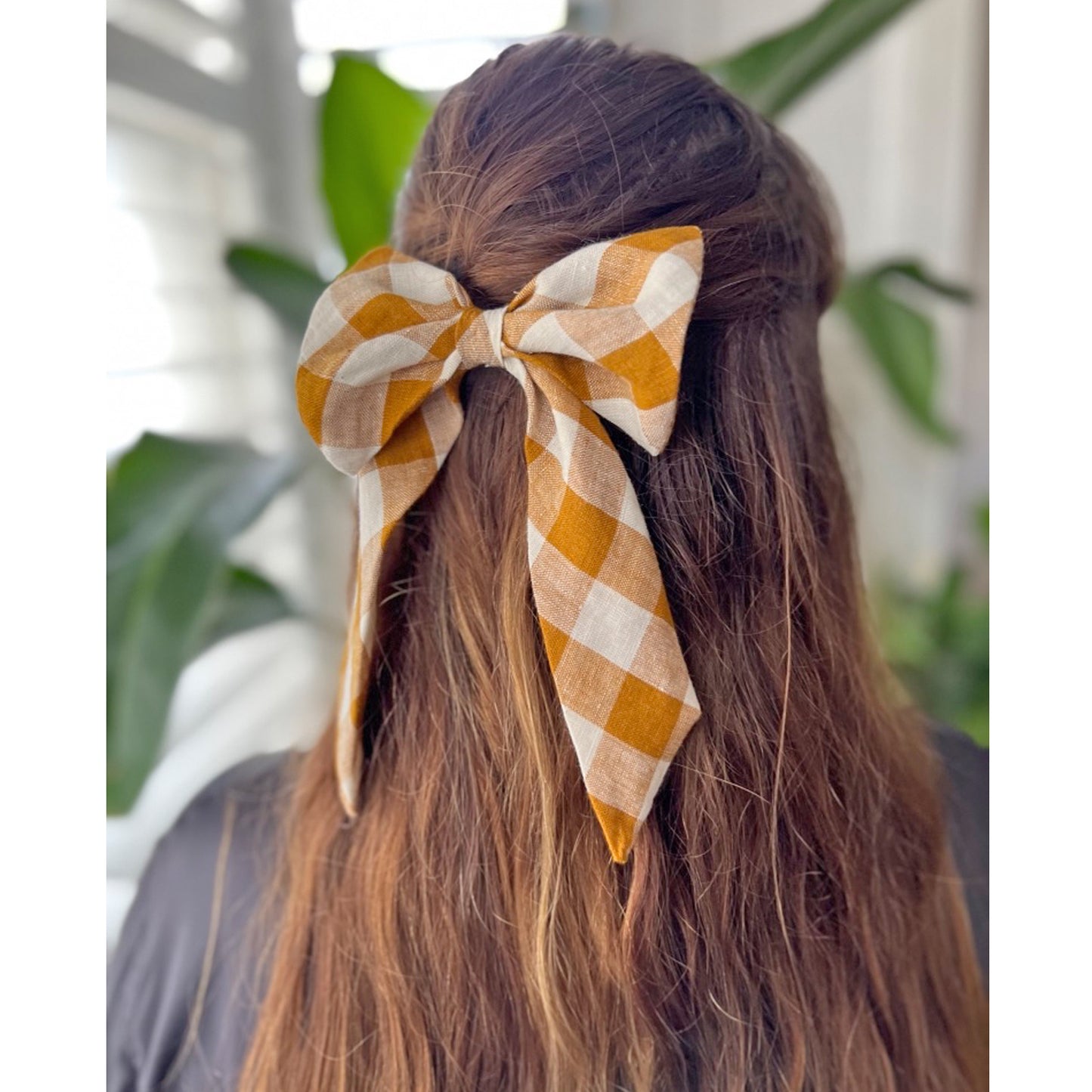 Yellow checked linen hair bow