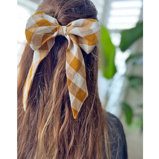 Yellow checked linen hair bow