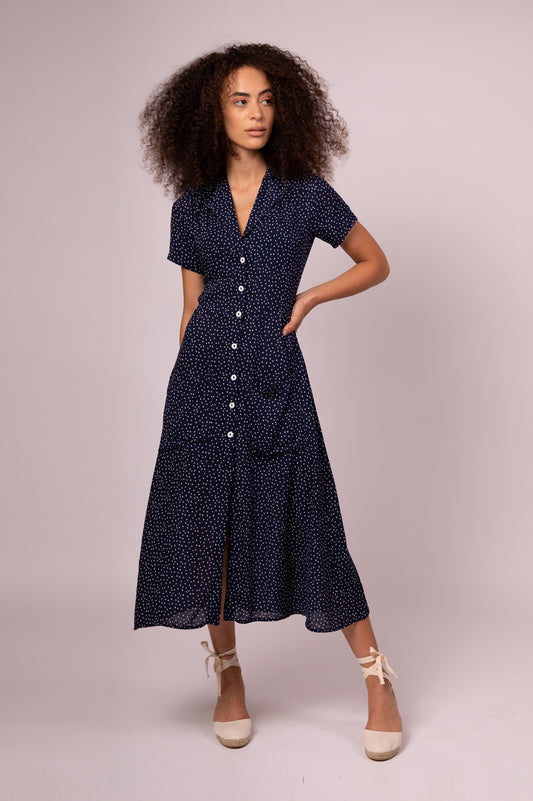 Navy polka dot shirt dress