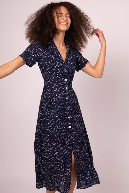 Navy polka dot shirt dress