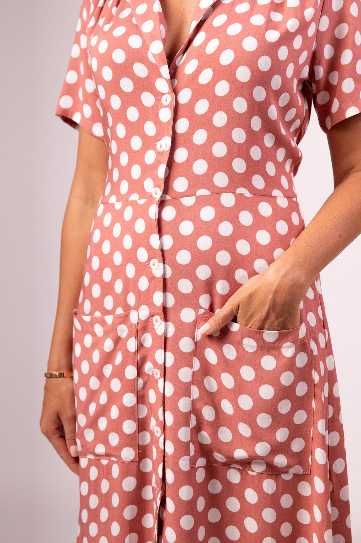 Pink polka dot midi dress