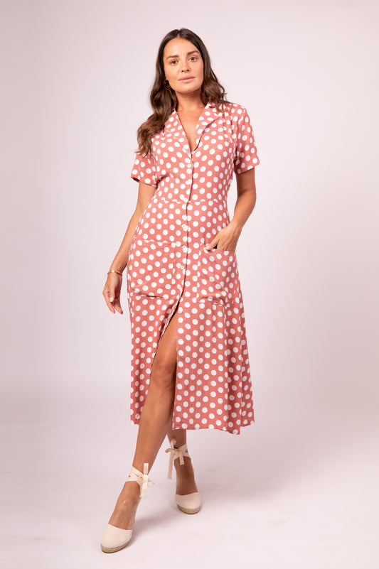 Pink polka dot midi dress