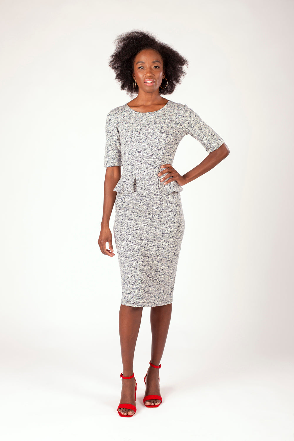 Gwen Peplum Dress Waves Print